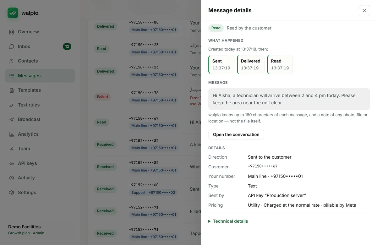 A message’s details in the dashboard: the times it was sent, delivered and read, the message text, the sending number, the API key that sent it and Meta’s pricing category.