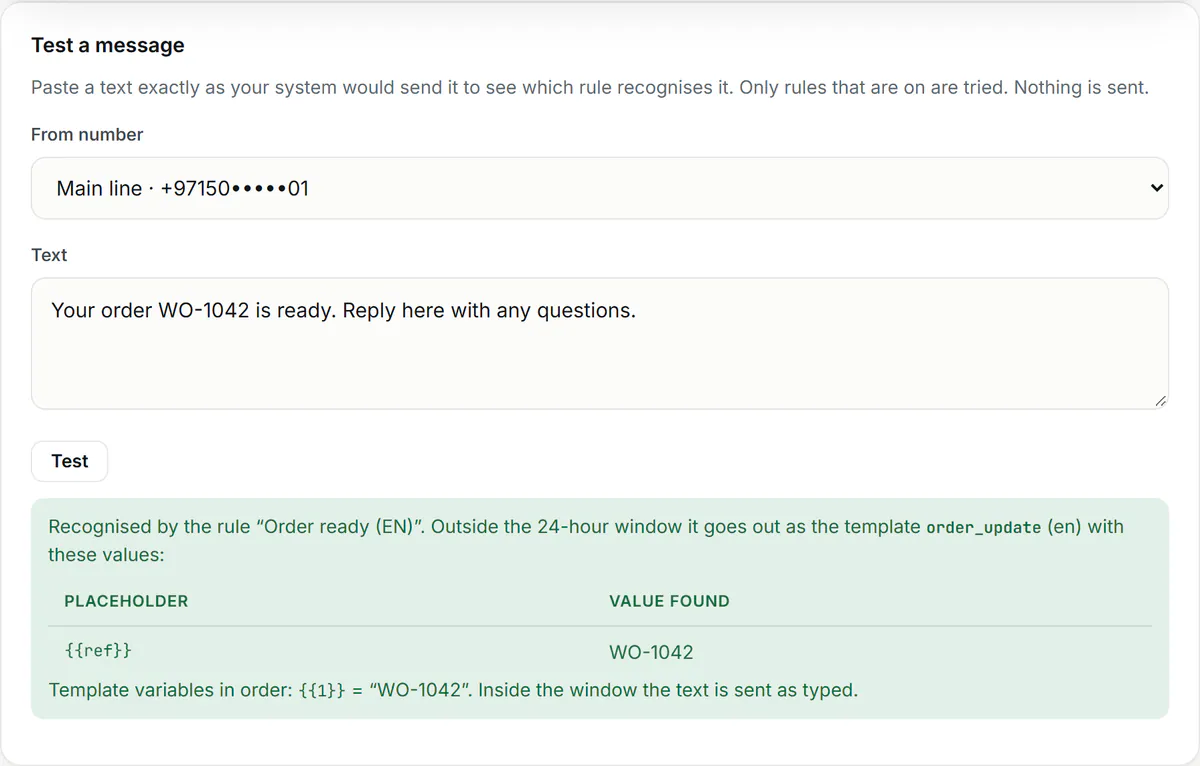 The text-rule tester: a pasted “order ready” message recognised by a rule, to be sent as the approved template order_update with the value WO-1042.